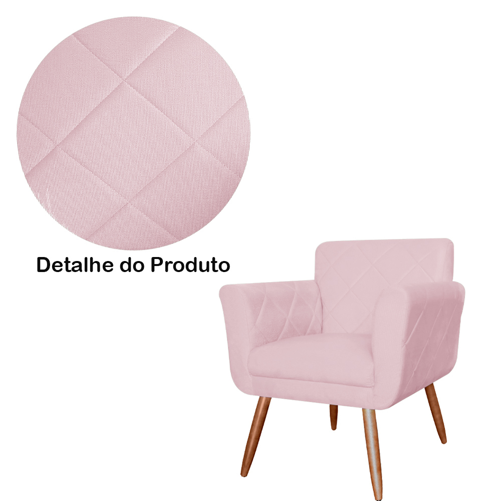 Combo Poltrona mais Puff Isabela em Tressê Pés Palito Suede Rosa Bebê