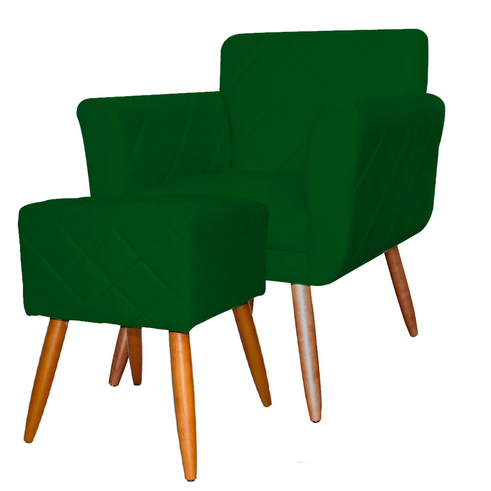 Combo Poltrona mais Puff Isabela em Tressê Pés Palito Suede Verde