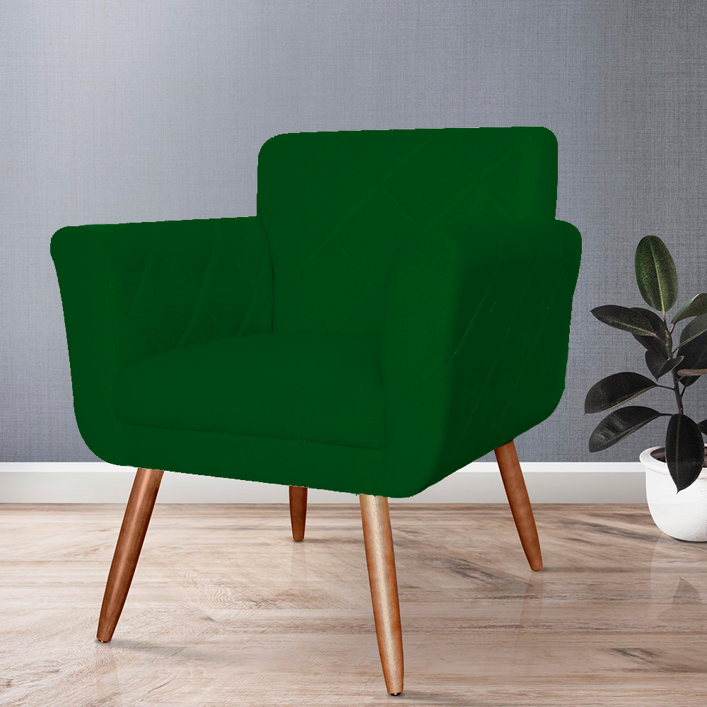 Combo Poltrona mais Puff Isabela em Tressê Pés Palito Suede Verde