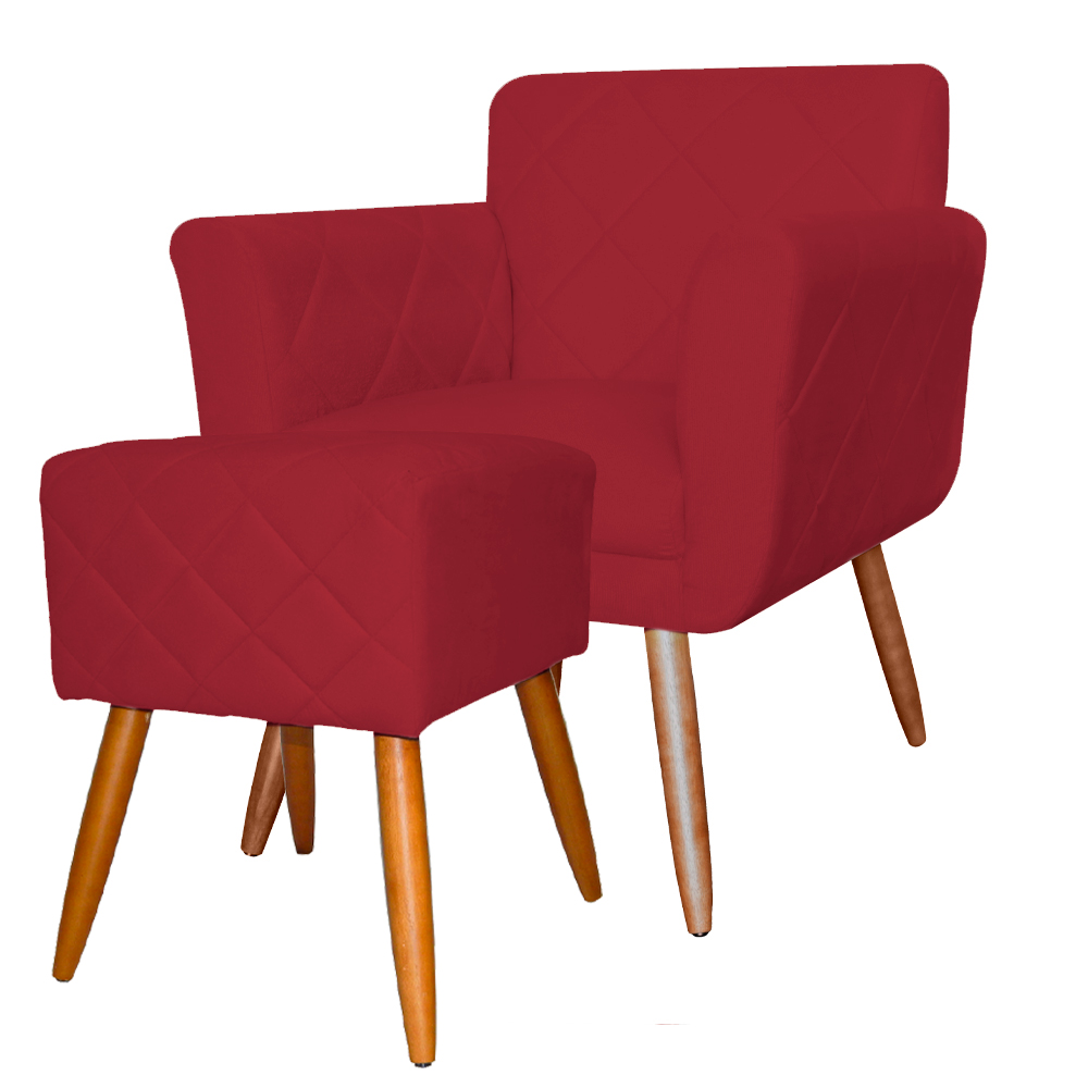 Combo Poltrona mais Puff Isabela em Tressê Pés Palito Suede Vermelho