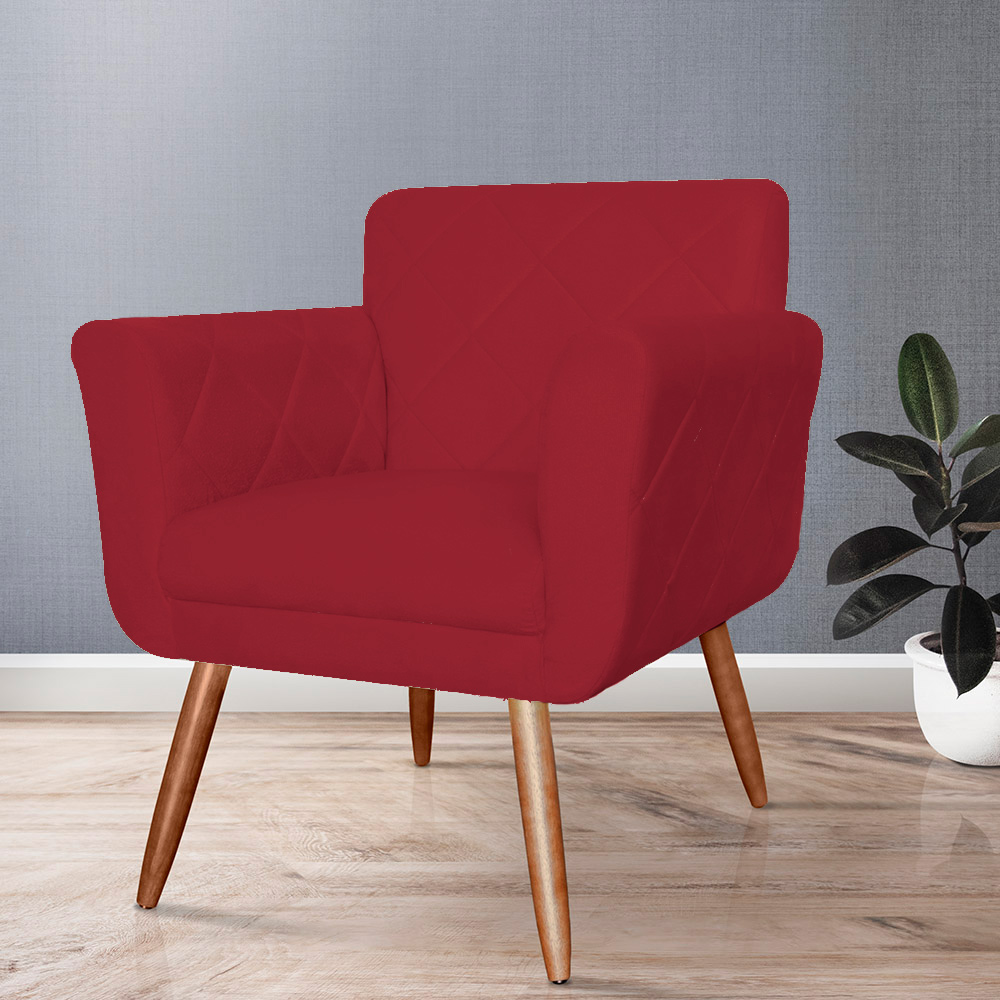 Combo Poltrona mais Puff Isabela em Tressê Pés Palito Suede Vermelho