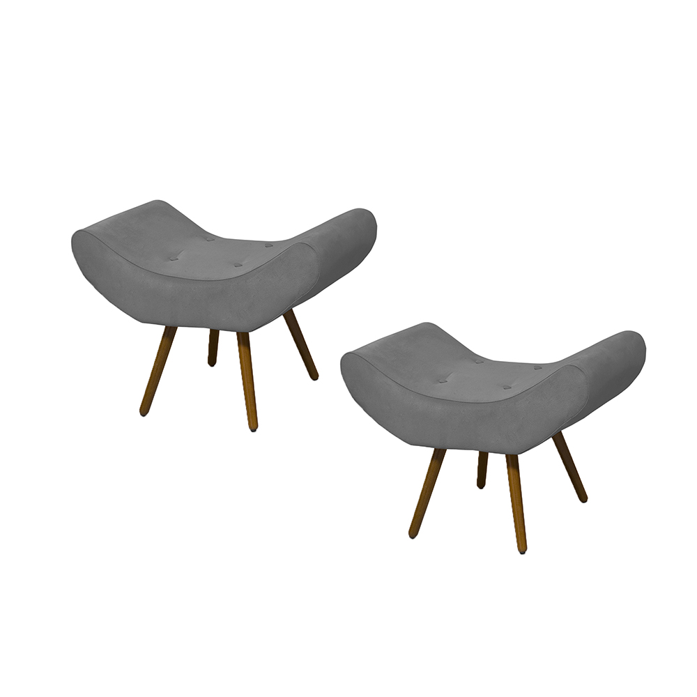 Conjunto 02 Puffs Banqueta Emília Em Suede Liso Cinza - DS Móveis