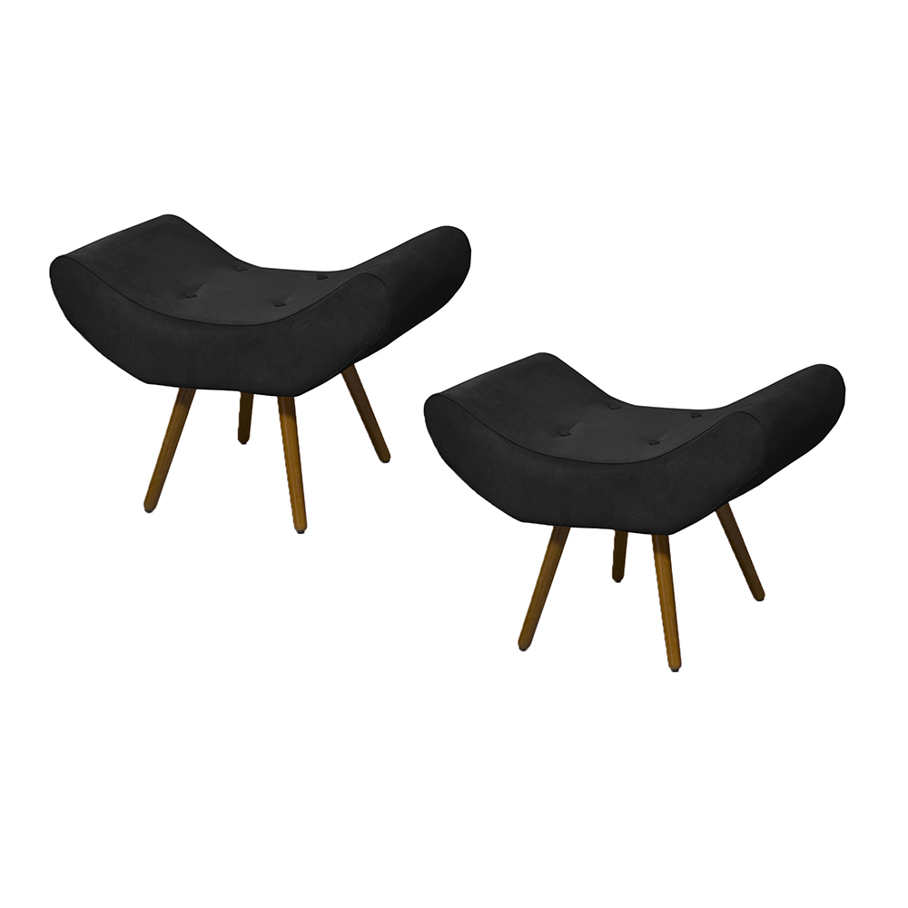 Conjunto 02 Puffs Banqueta Emília Em Suede Liso Preto - DS Móveis