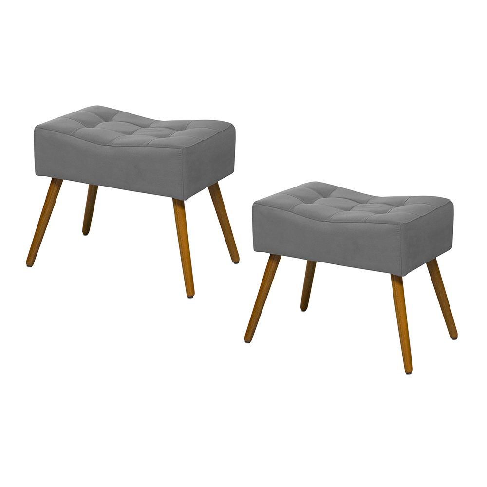 Conjunto 02 Puffs Banqueta Retangular Suede Liso Cinza - DS Móveis