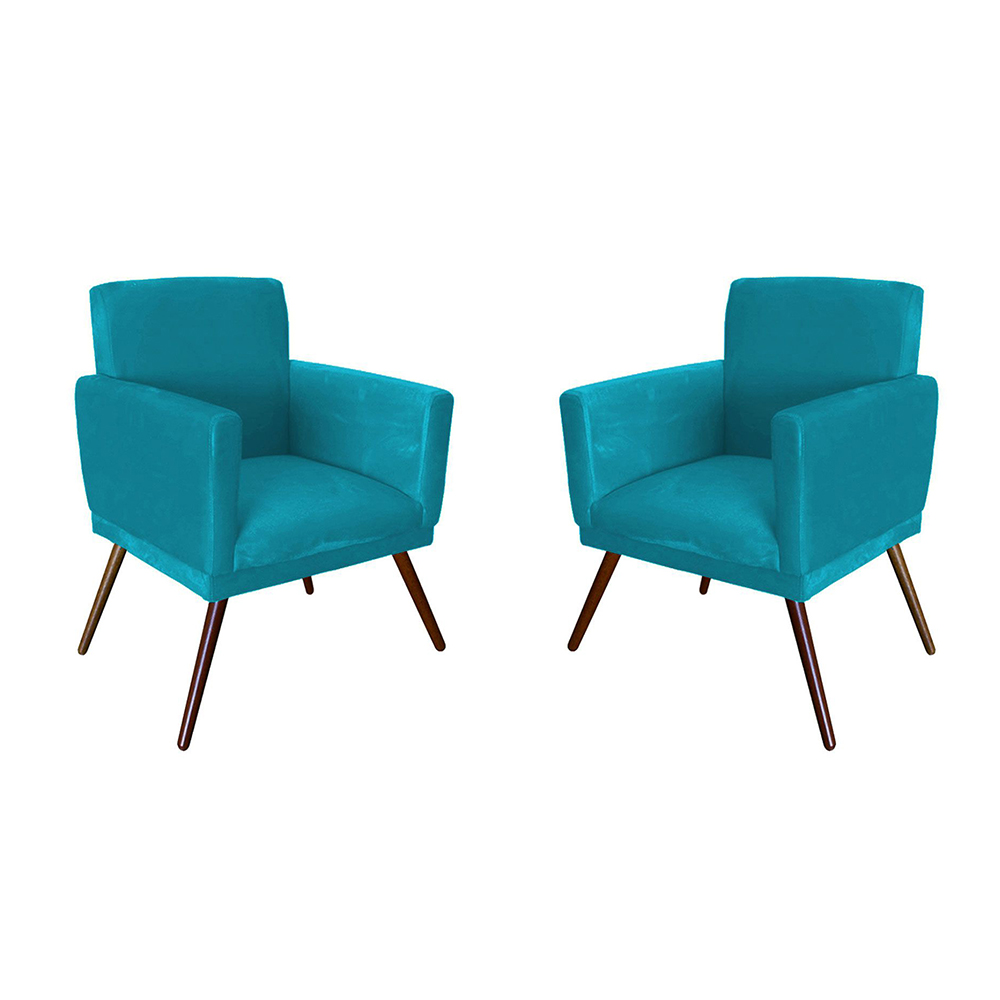 Conjunto 2 Poltronas Decorativa Nina Rodapé Suede Azul Turquesa - DS Móveis
