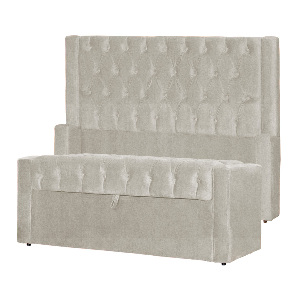 Conjunto Cabeçeira mais Calçadeira Baú Casal Emma Suede Bege