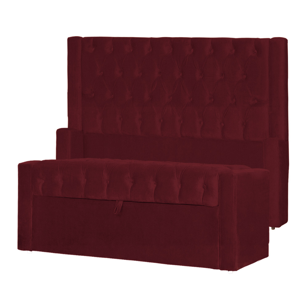 Conjunto Cabeçeira mais Calçadeira Baú Casal Emma Suede Bordô