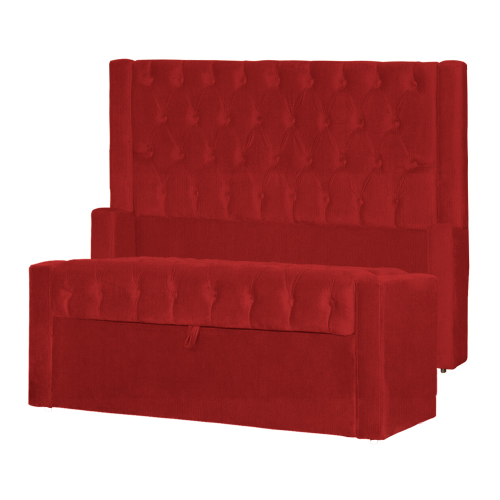 Conjunto Cabeçeira mais Calçadeira Baú Casal Emma Suede Vermelho