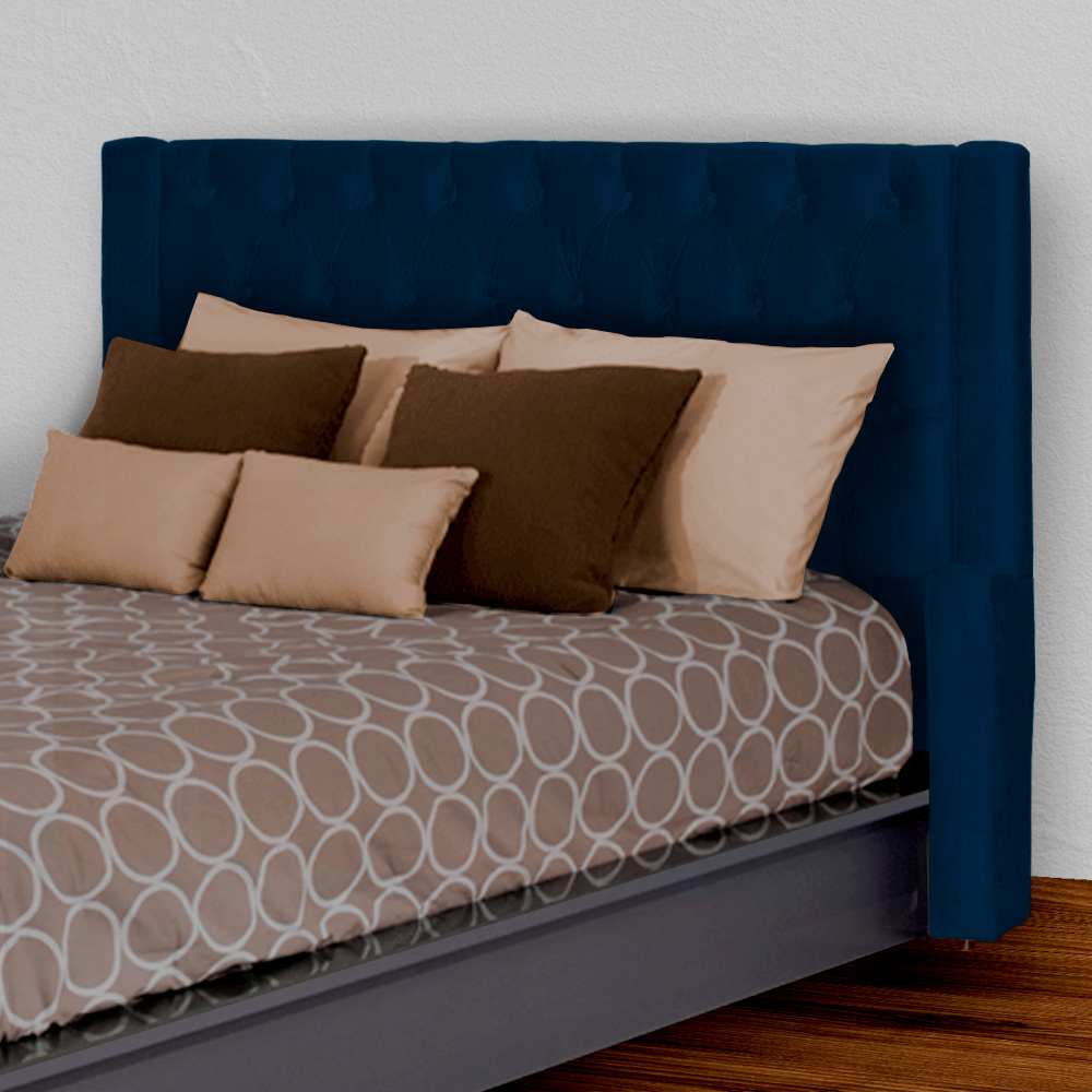Conjunto Cabeçeira mais Calçadeira Baú Casal Queen Emma Suede Azul Marinho