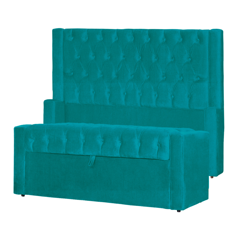 Conjunto Cabeçeira mais Calçadeira Baú Casal Queen Emma Suede Azul Turquesa