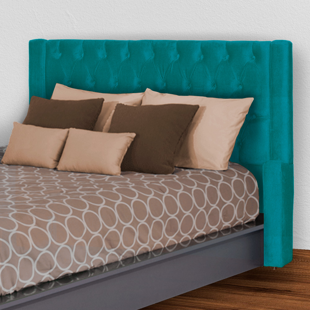 Conjunto Cabeçeira mais Calçadeira Baú Casal Queen Emma Suede Azul Turquesa