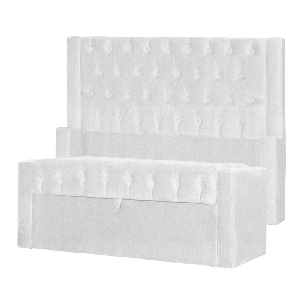 Conjunto Cabeçeira mais Calçadeira Baú Casal Queen Emma Suede Branco