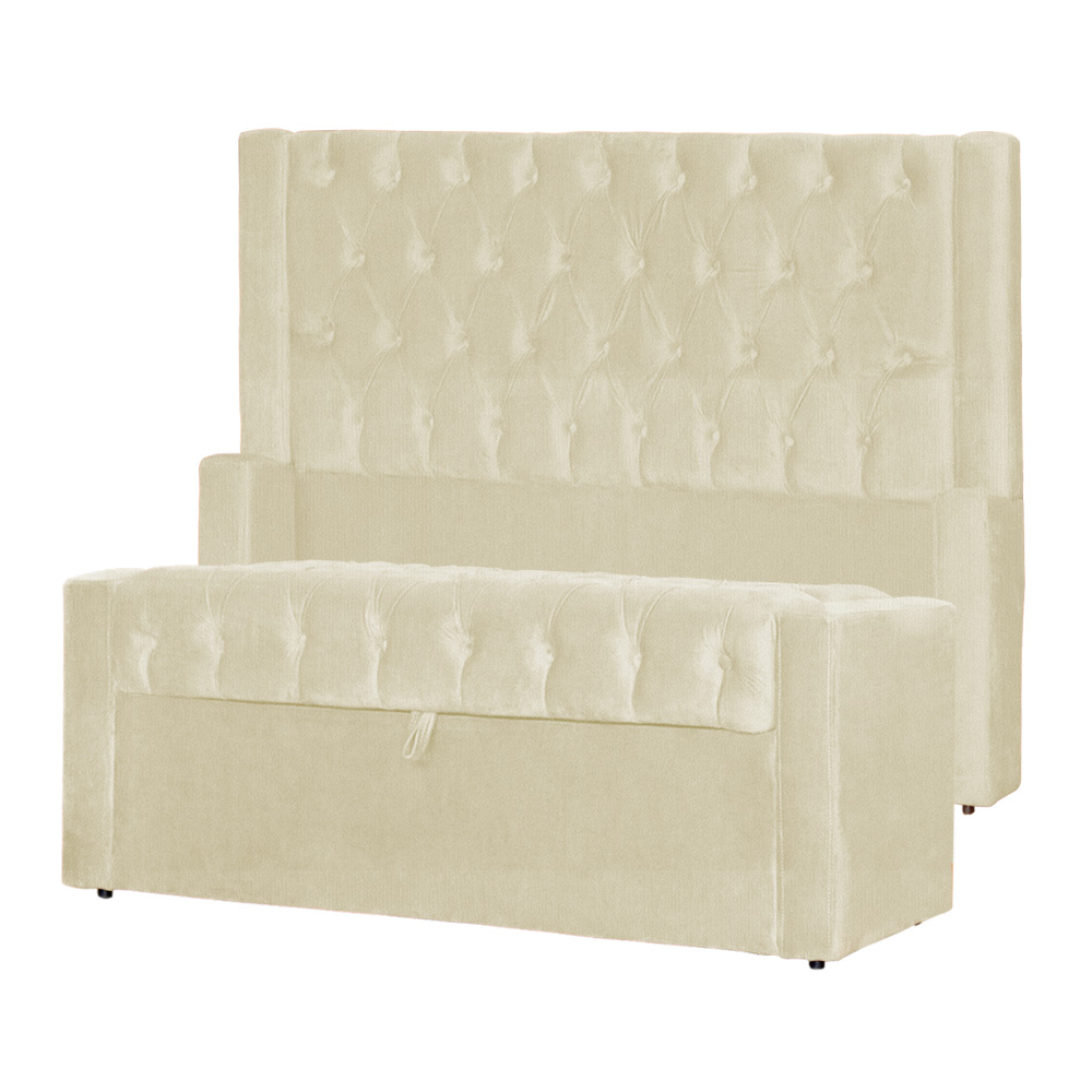 Conjunto Cabeçeira mais Calçadeira Baú Casal Queen Emma Suede Marfim