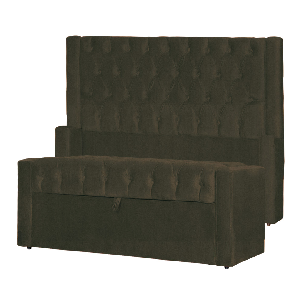 Conjunto Cabeçeira mais Calçadeira Baú Casal Queen Emma Suede Marrom