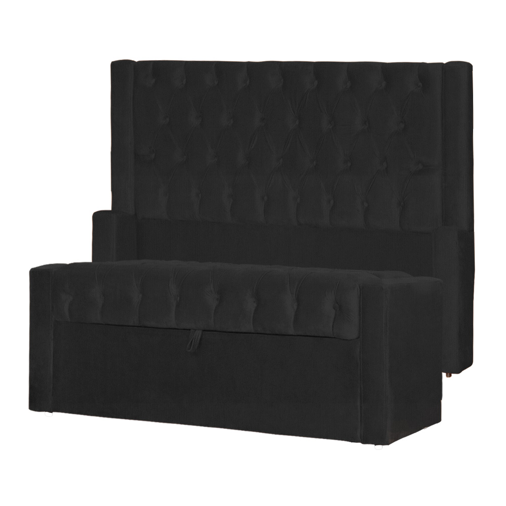 Conjunto Cabeçeira mais Calçadeira Baú Casal Queen Emma Suede Preto