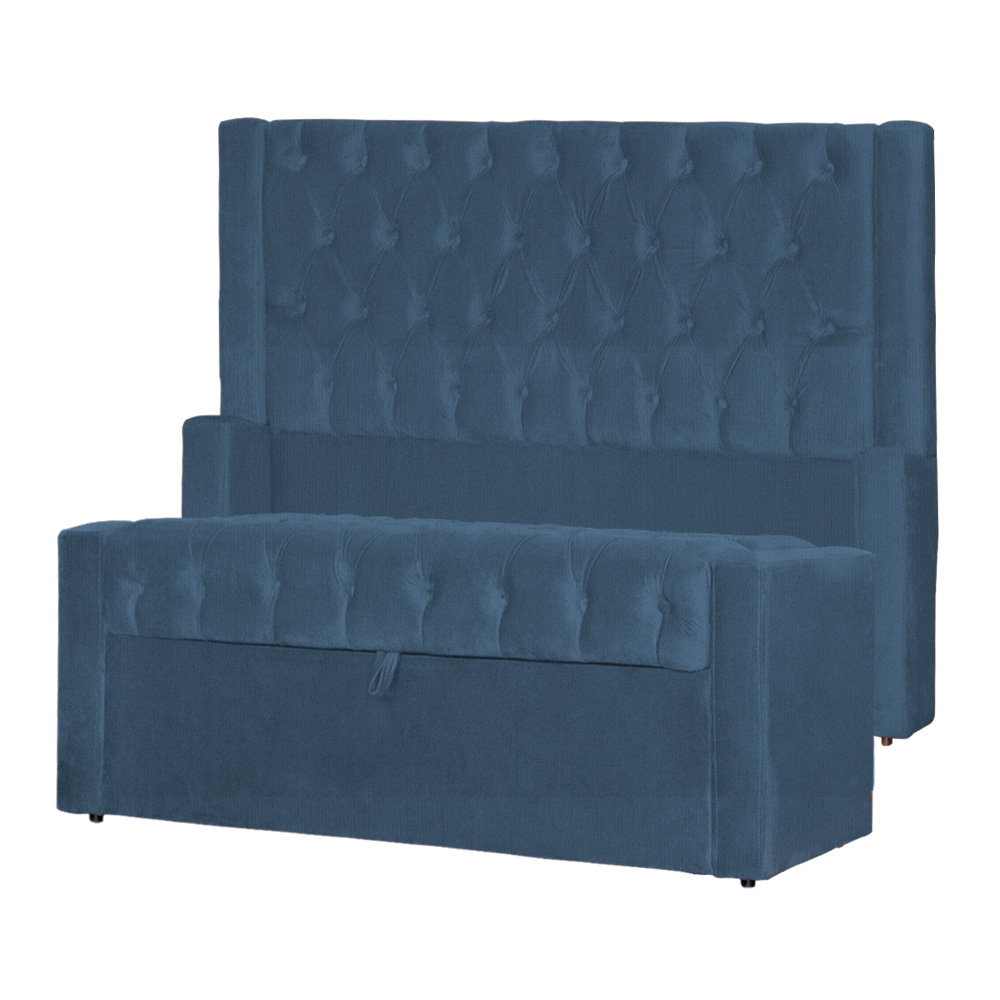 Conjunto Cabeçeira mais Calçadeira Baú Casal Super King Emma Suede Azul Royal