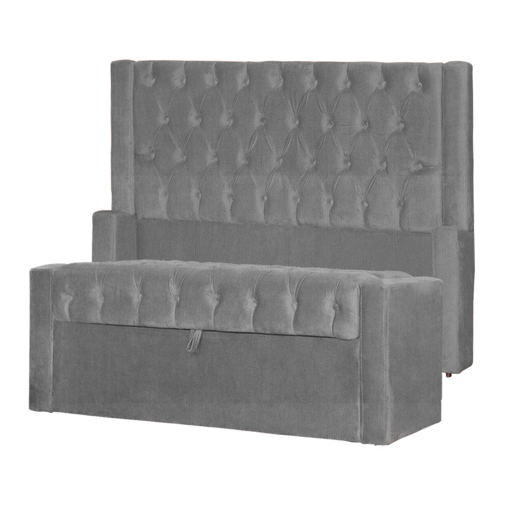 Conjunto Cabeçeira mais Calçadeira Baú Solteiro Emma Suede Cinza