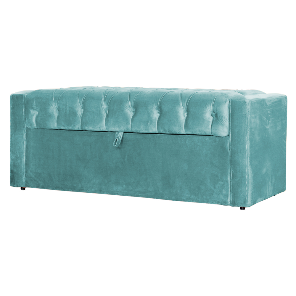 Conjunto Cabeceira e Calçadeira Baú Casal Emma Veludo Azul Turquesa