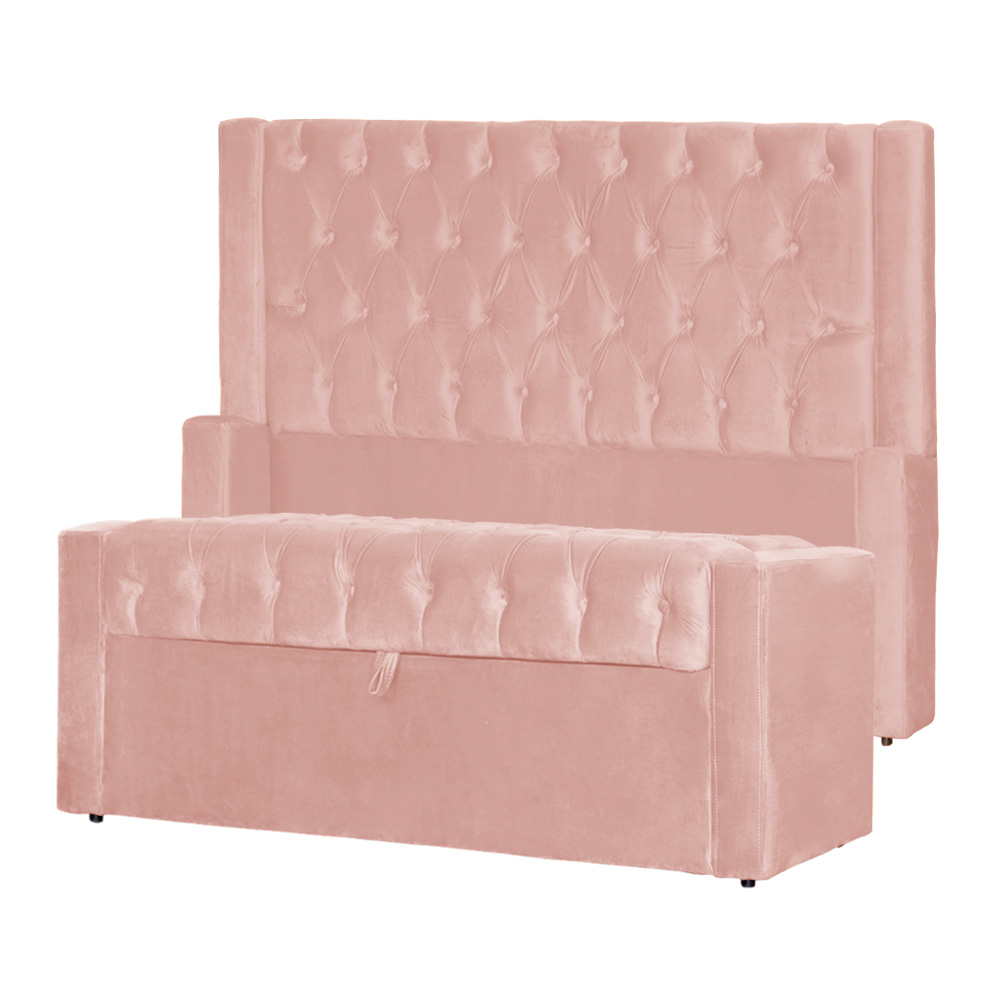 Conjunto Cabeceira e Calçadeira Baú Casal Emma Veludo Rosa