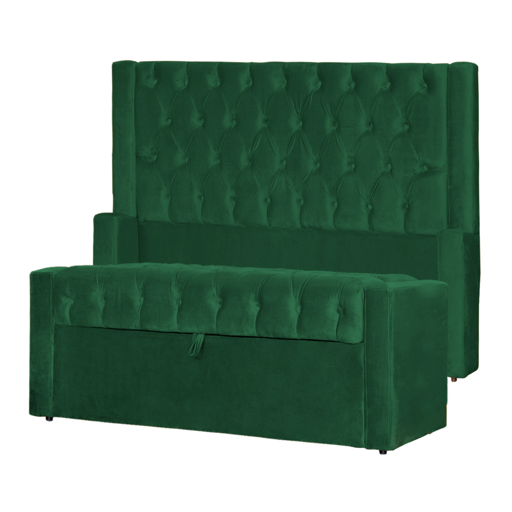 Conjunto Cabeceira e Calçadeira Baú Casal Emma Veludo Verde