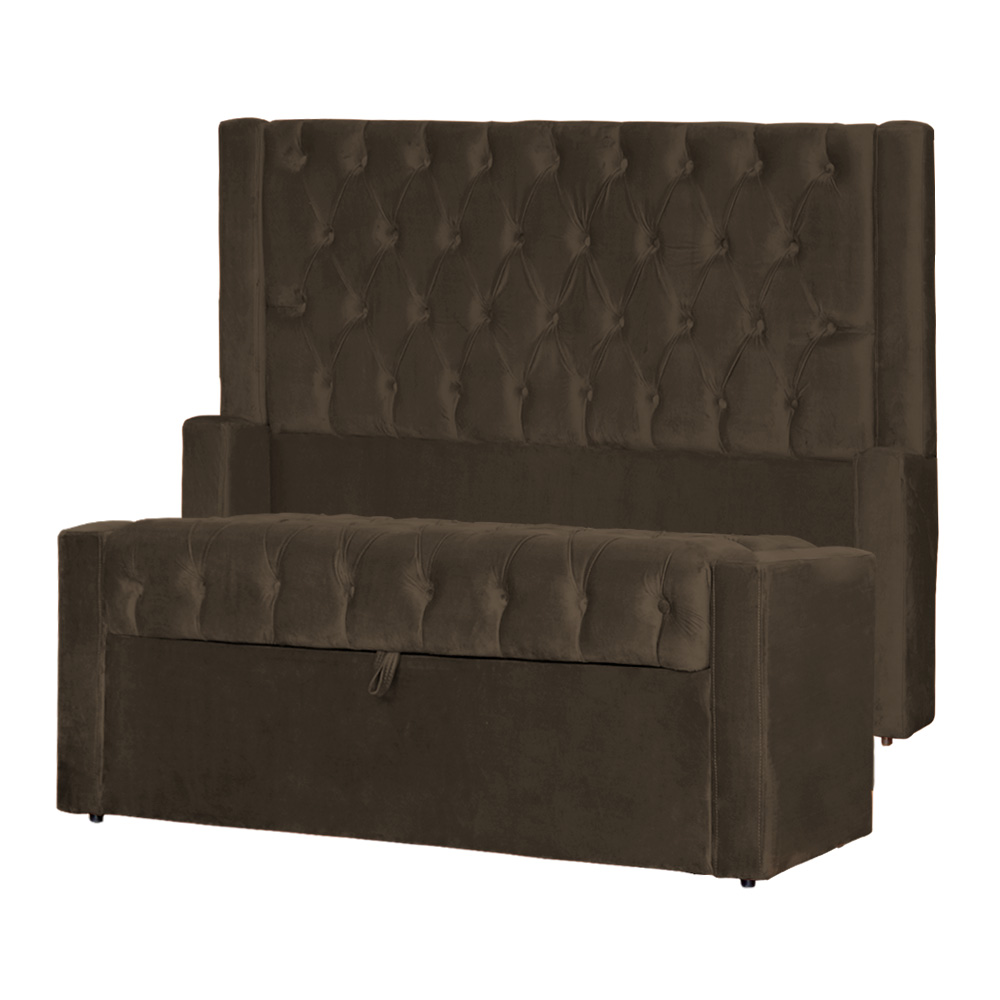 Conjunto Cabeceira e Calçadeira Baú Casal Super King Emma Veludo Marrom