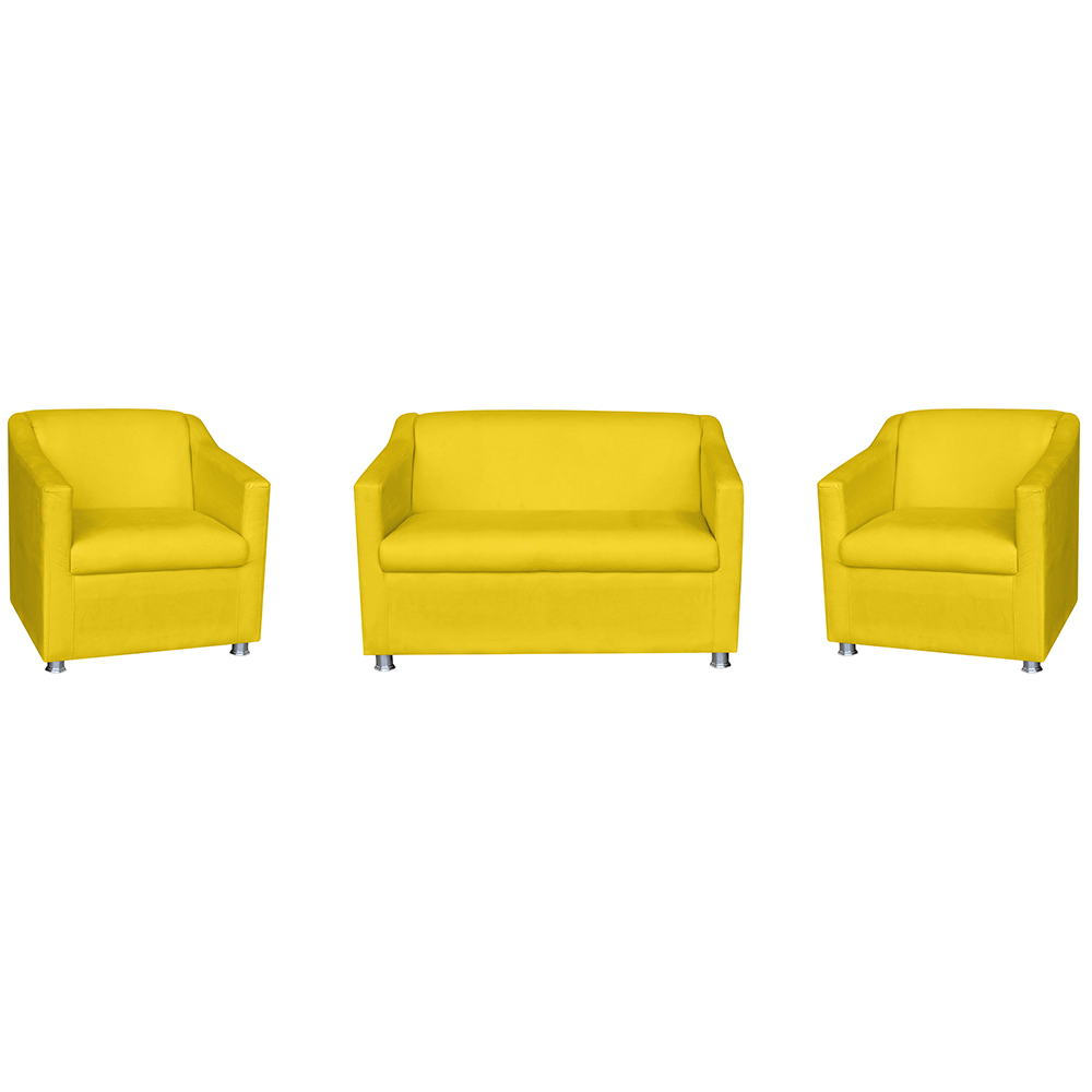Kit 01 Namoradeira mais 02 Poltrona Decorativa Tilla Pés Cromados Suede Amarelo - DS Estofados