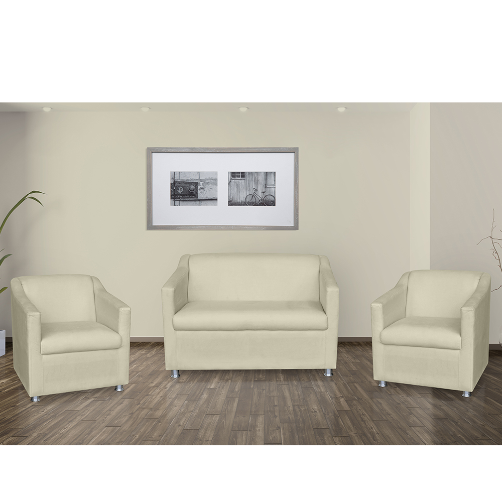 Kit 01 Namoradeira mais 02 Poltrona Decorativa Tilla Pés Cromados Suede Bege - DS Estofados