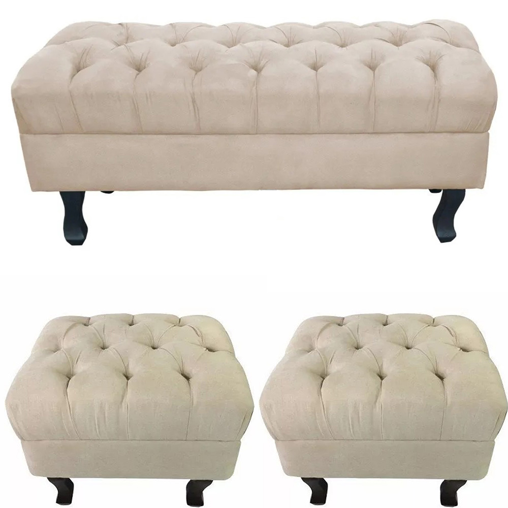 Kit 01 Puff Calçadeira Retrô 1,00 Metro Luis Xv Mais 02 Puffs 50X40 cm Capitonê Suede Bege - DS Estofados