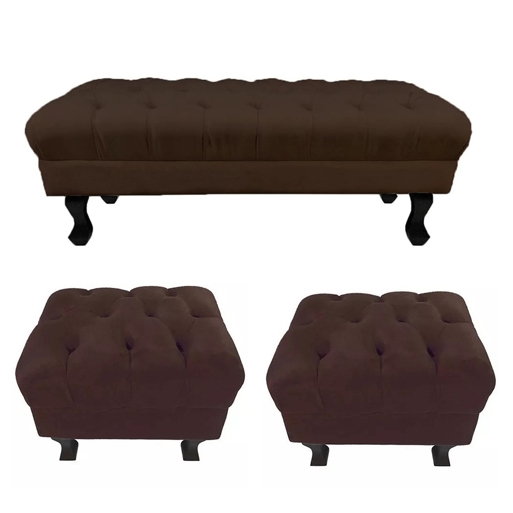 Kit 01 Puff Calçadeira Retrô 1,00 Metro Luis Xv Mais 02 Puffs 50X40 cm Capitonê Suede Marrom - DS Estofados