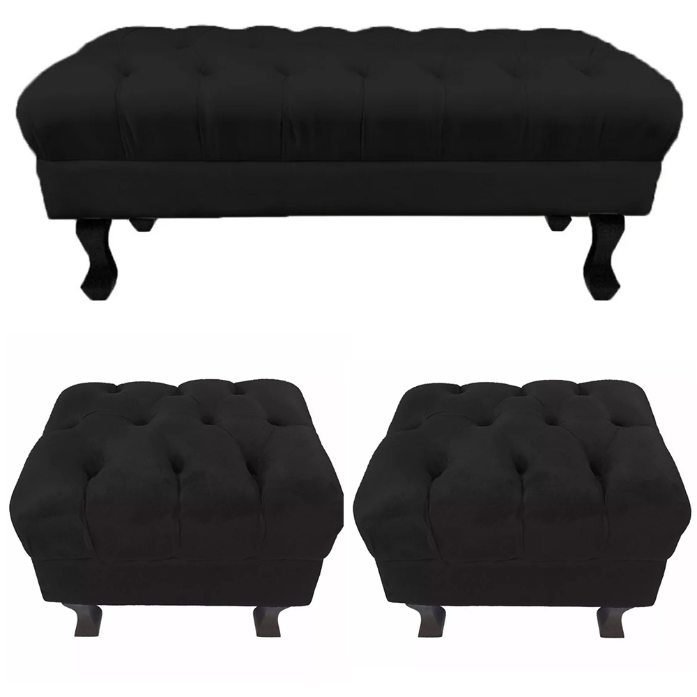 Kit 01 Puff Calçadeira Retrô 1,00 Metro Luis Xv Mais 02 Puffs 50X40 cm Capitonê Suede Preto - DS Estofados