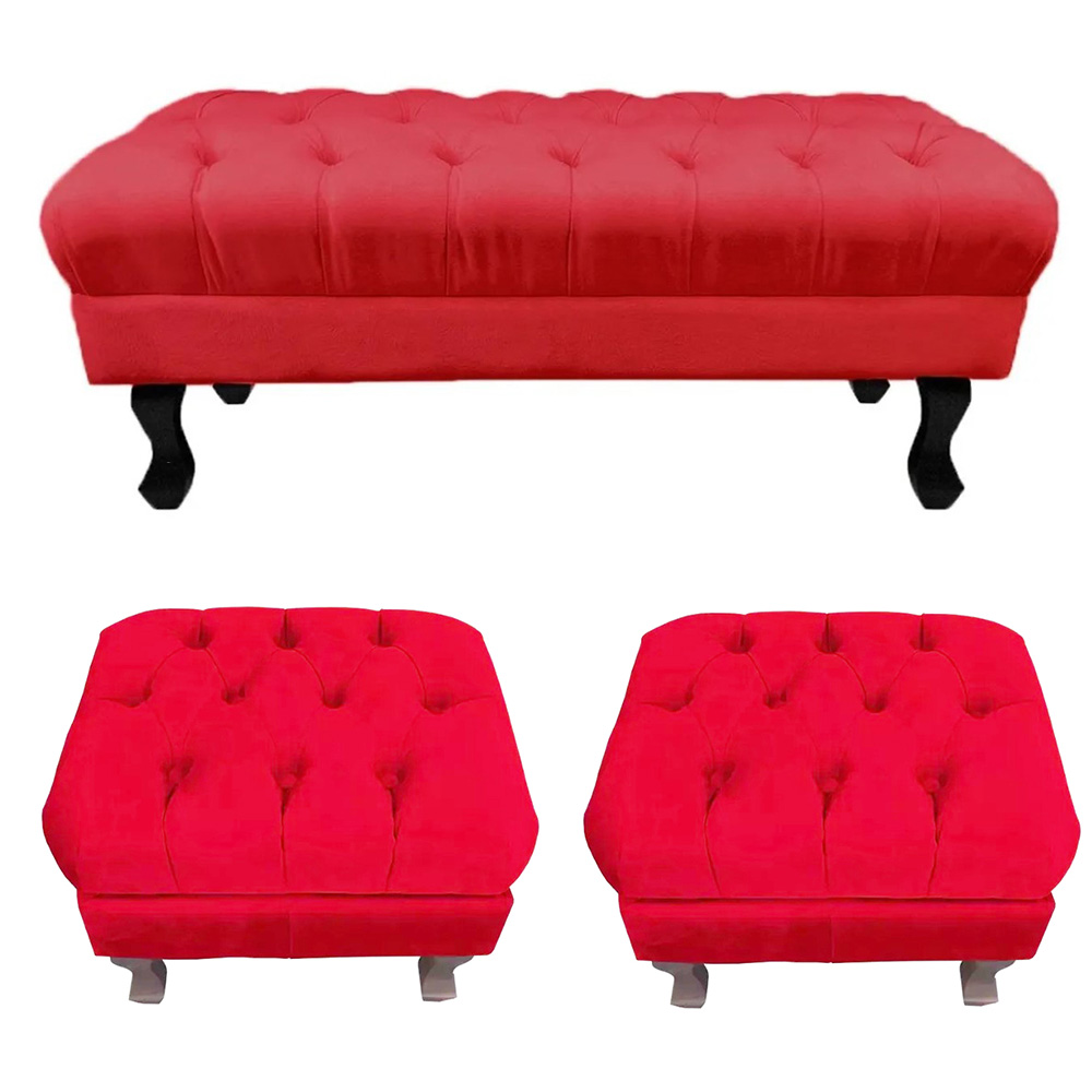 Kit 01 Puff Calçadeira Retrô 1,00 Metro Luis Xv Mais 02 Puffs 50X40 cm Capitonê Suede Vermelho - DS Estofados