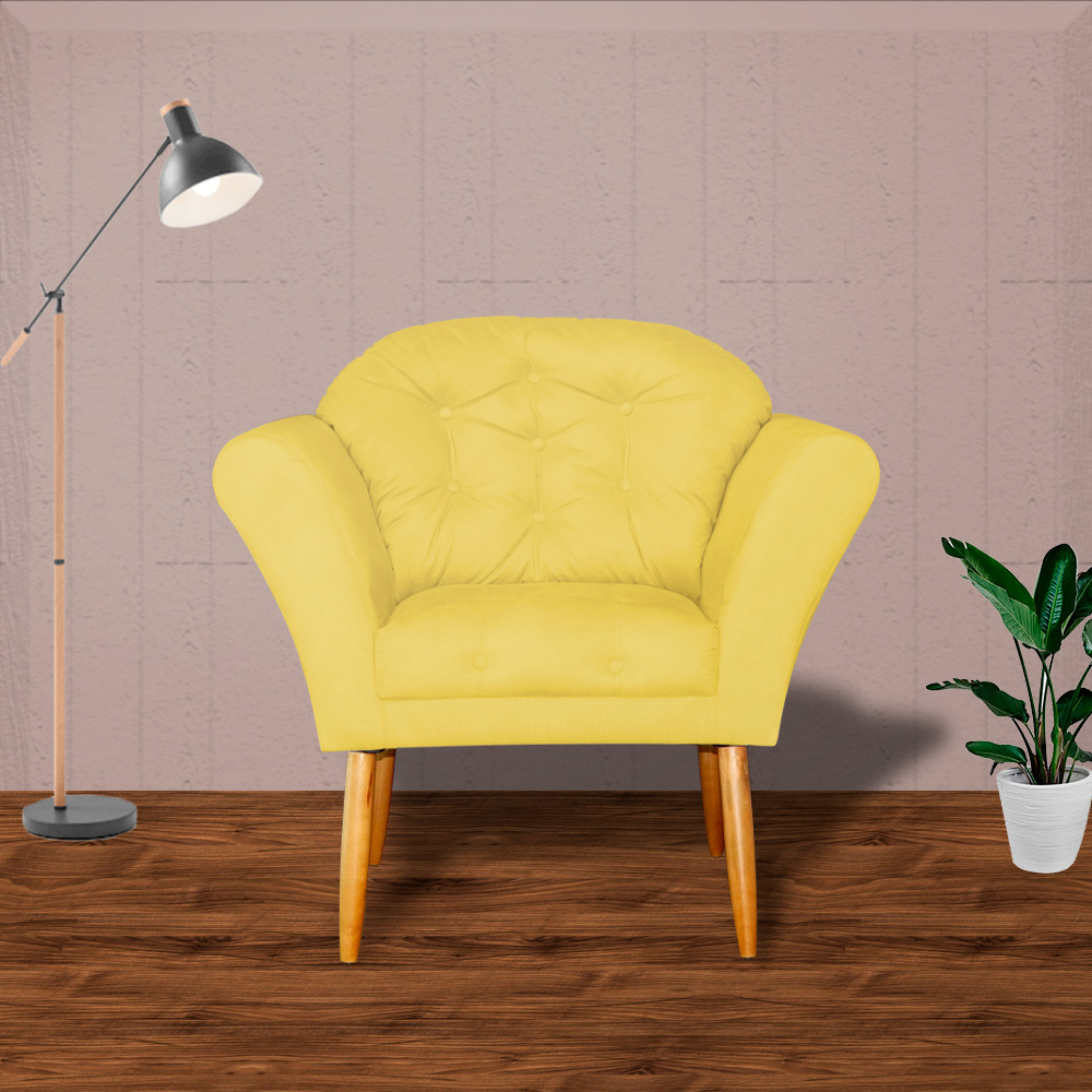 Kit 02 Poltronas Decorativa Amélia Pés Palito Suede Amarelo