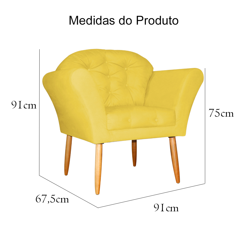 Kit 02 Poltronas Decorativa Amélia Pés Palito Suede Amarelo