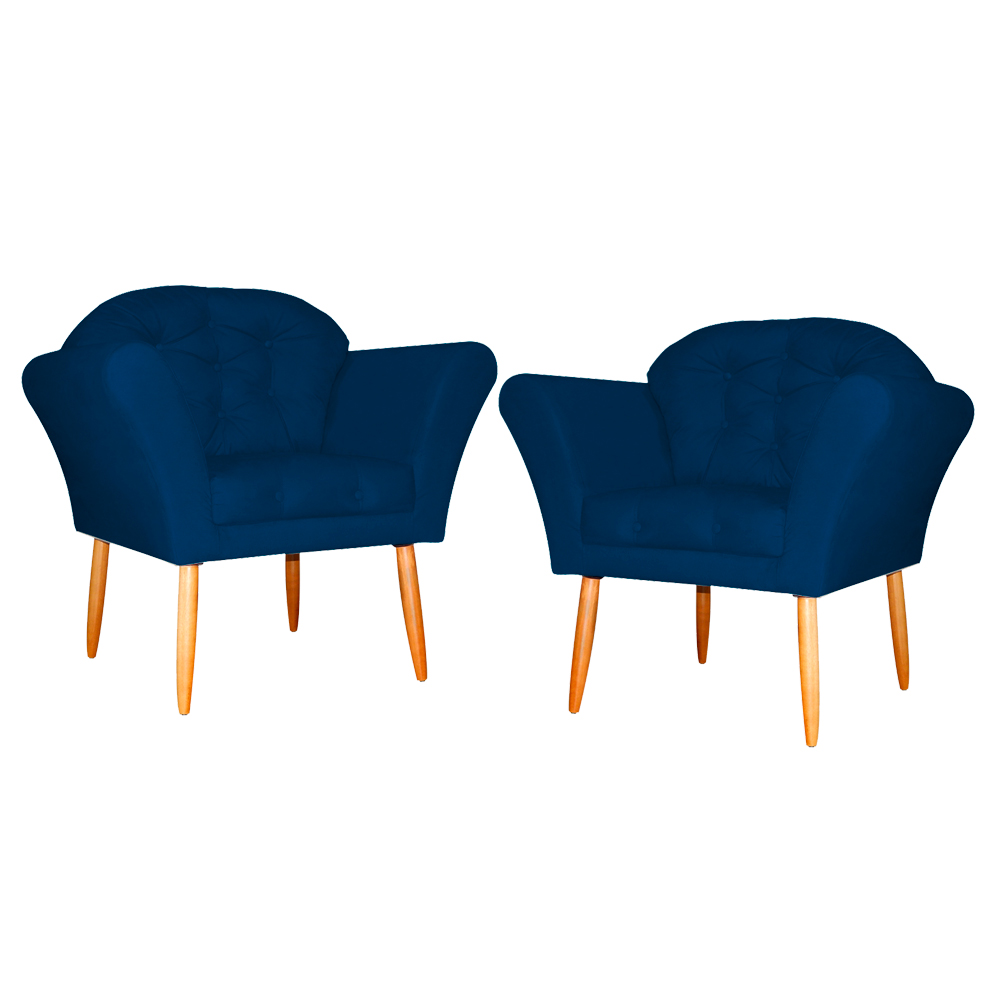 Kit 02 Poltronas Decorativa Amélia Pés Palito Suede Azul Marinho
