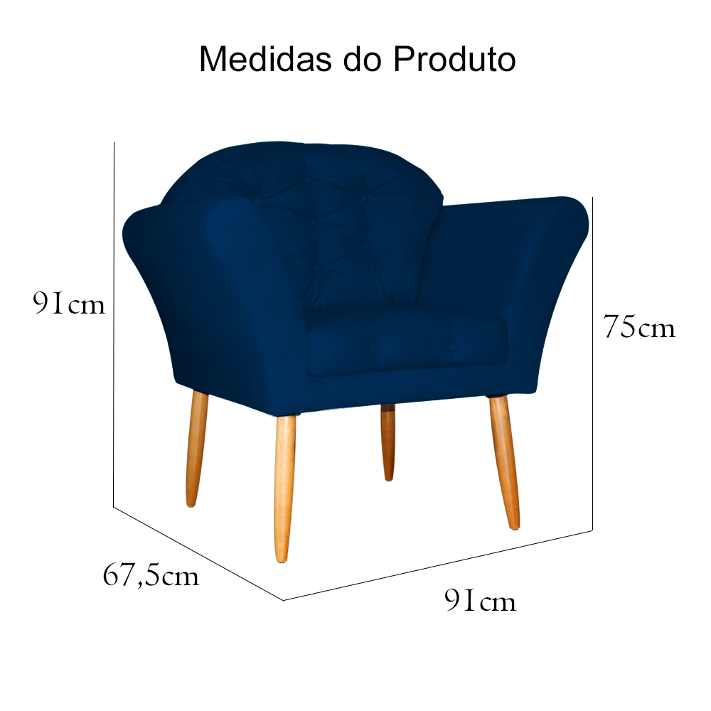 Kit 02 Poltronas Decorativa Amélia Pés Palito Suede Azul Marinho
