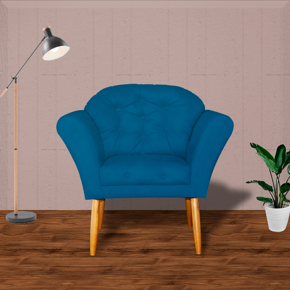 Kit 02 Poltronas Decorativa Amélia Pés Palito Suede Azul Royal
