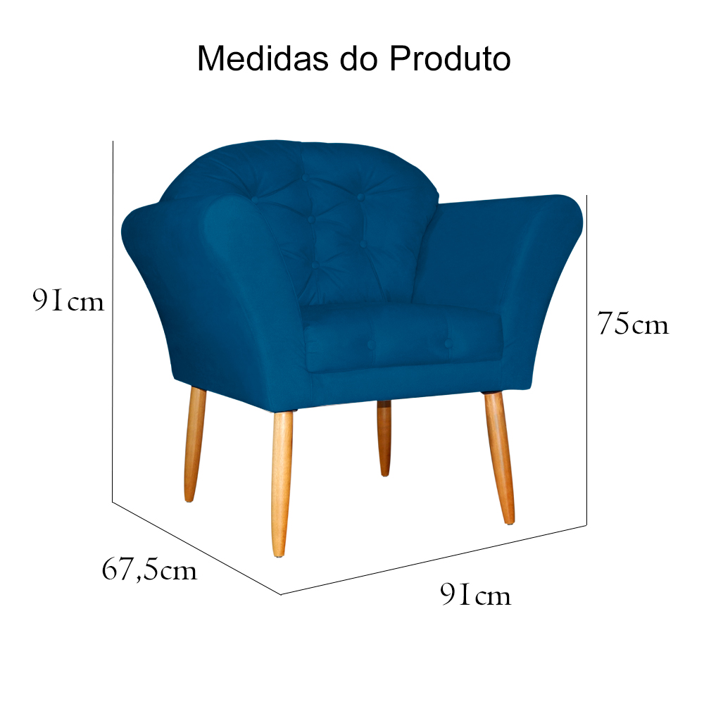 Kit 02 Poltronas Decorativa Amélia Pés Palito Suede Azul Royal