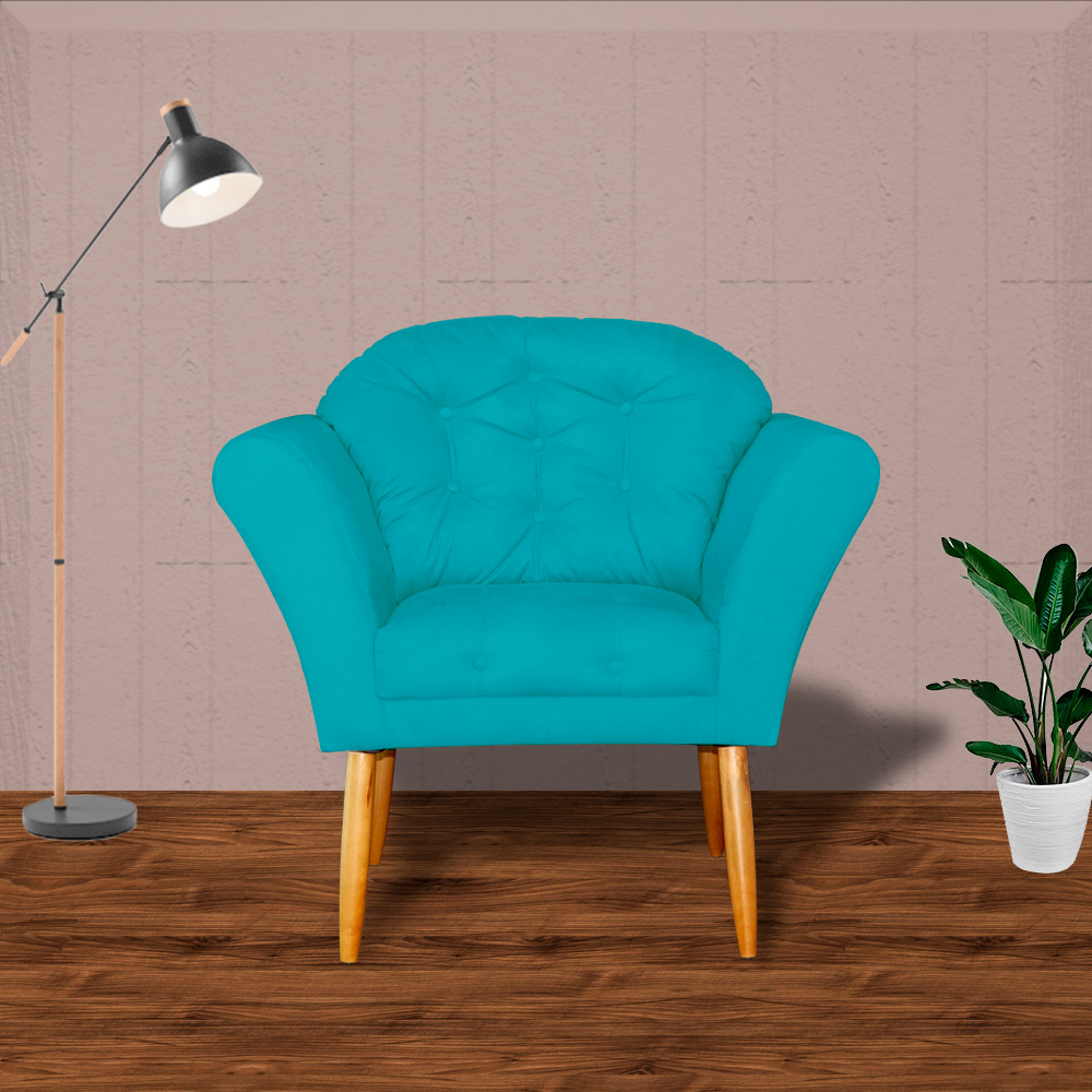 Kit 02 Poltronas Decorativa Amélia Pés Palito Suede Azul Turquesa