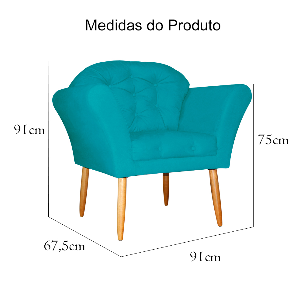 Kit 02 Poltronas Decorativa Amélia Pés Palito Suede Azul Turquesa