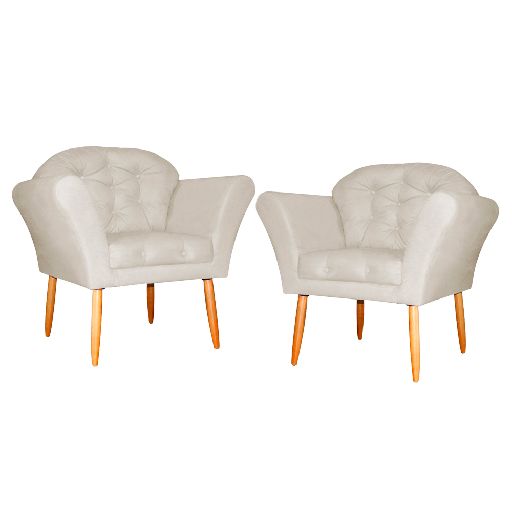 Kit 02 Poltronas Decorativa Amélia Pés Palito Suede Bege