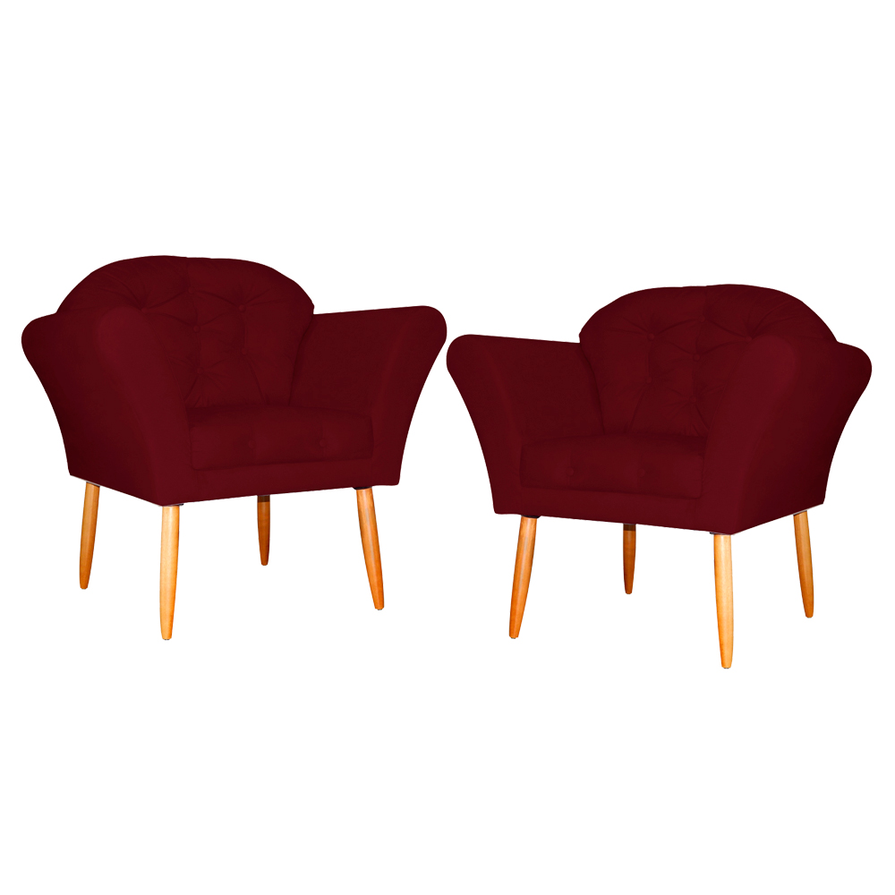 Kit 02 Poltronas Decorativa Amélia Pés Palito Suede Bordô