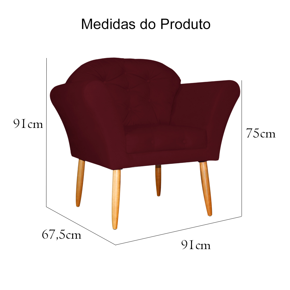Kit 02 Poltronas Decorativa Amélia Pés Palito Suede Bordô