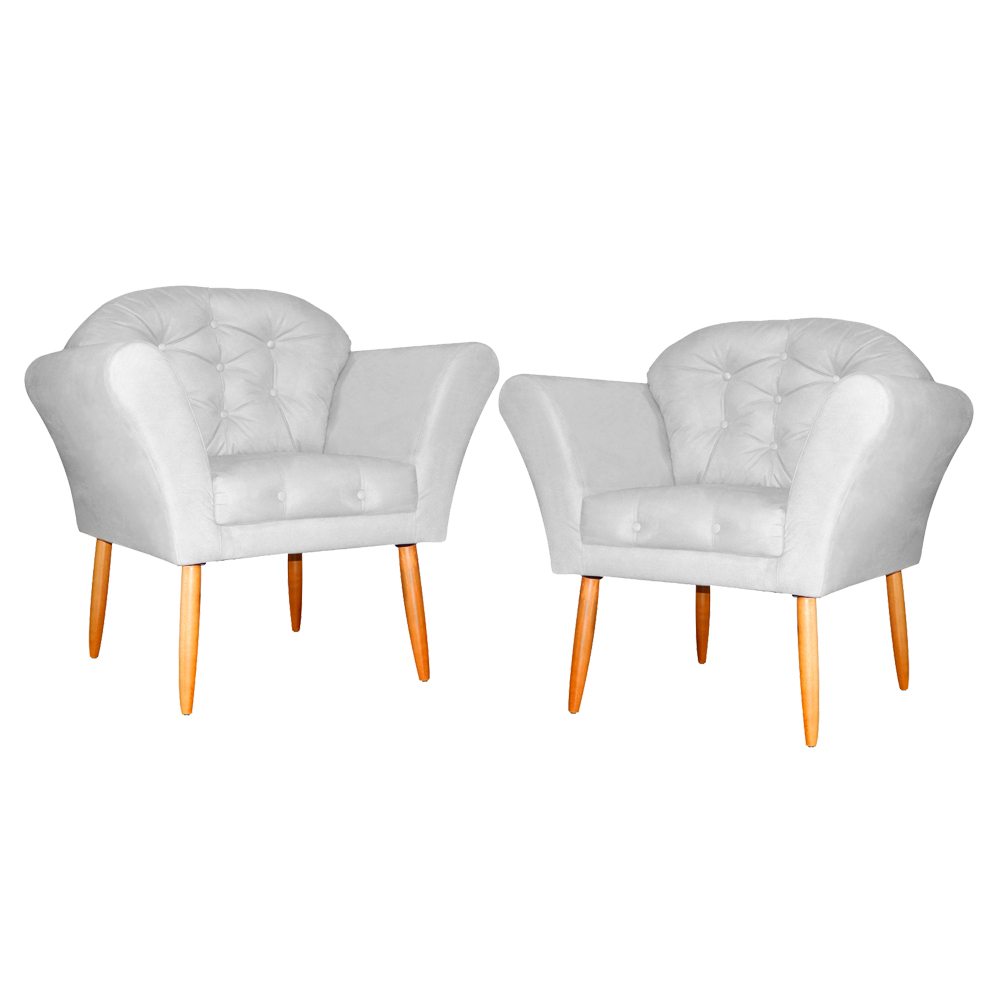 Kit 02 Poltronas Decorativa Amélia Pés Palito Suede Branco