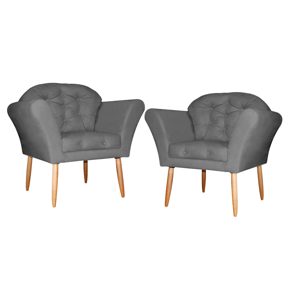 Kit 02 Poltronas Decorativa Amélia Pés Palito Suede Cinza