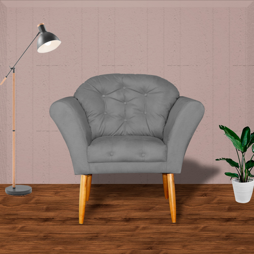 Kit 02 Poltronas Decorativa Amélia Pés Palito Suede Cinza