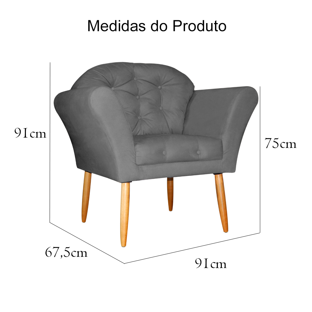 Kit 02 Poltronas Decorativa Amélia Pés Palito Suede Cinza