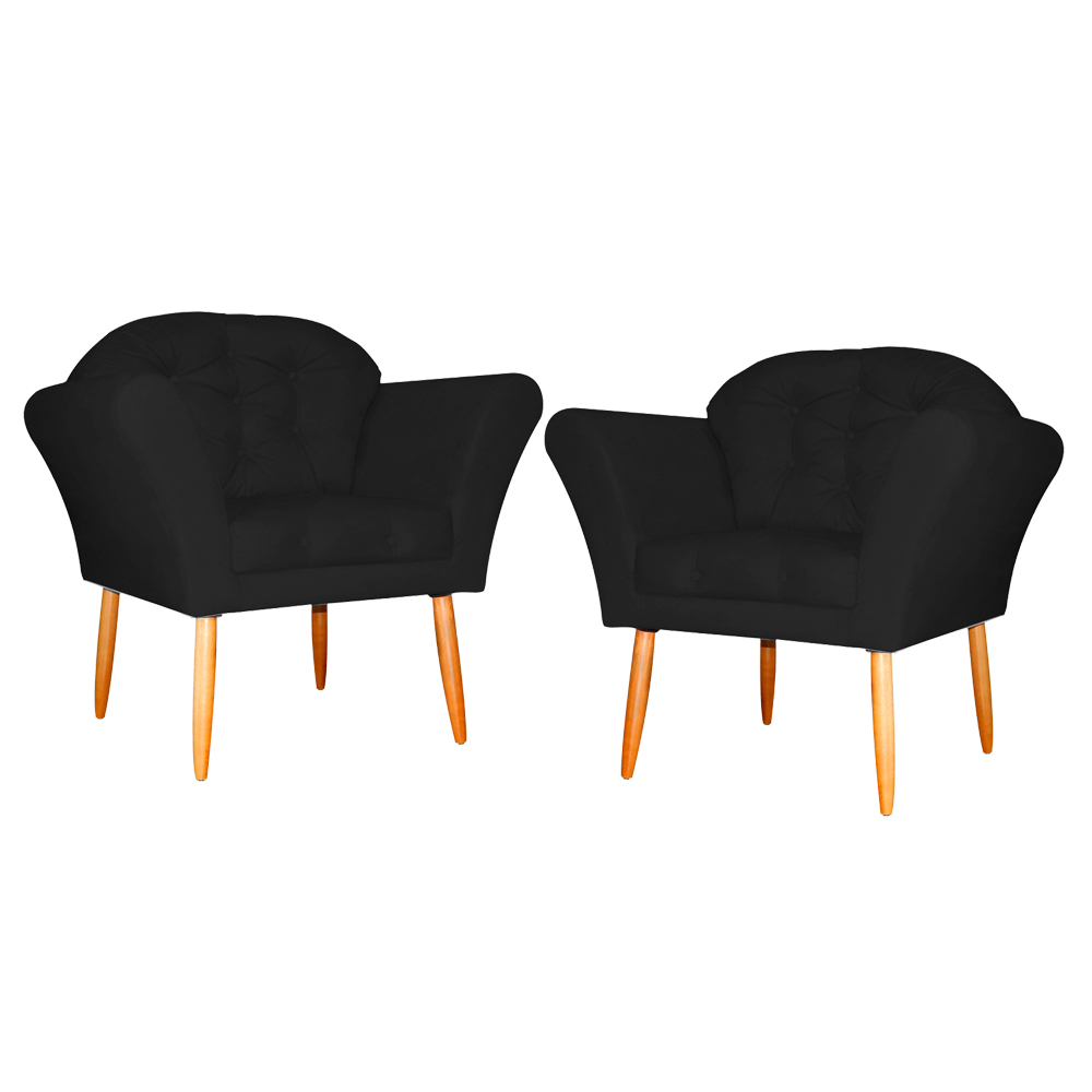 Kit 02 Poltronas Decorativa Amélia Pés Palito Suede Preto
