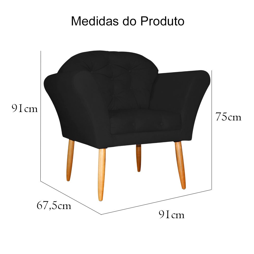 Kit 02 Poltronas Decorativa Amélia Pés Palito Suede Preto