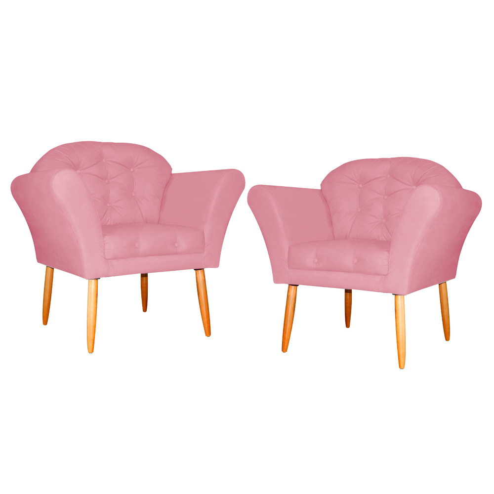 Kit 02 Poltronas Decorativa Amélia Pés Palito Suede Rosa