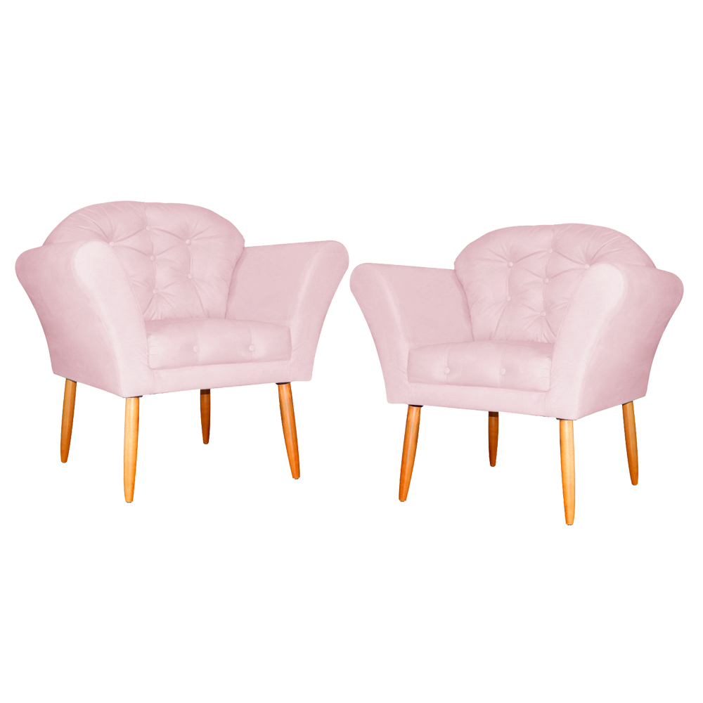 Kit 02 Poltronas Decorativa Amélia Pés Palito Suede Rosa Bebê